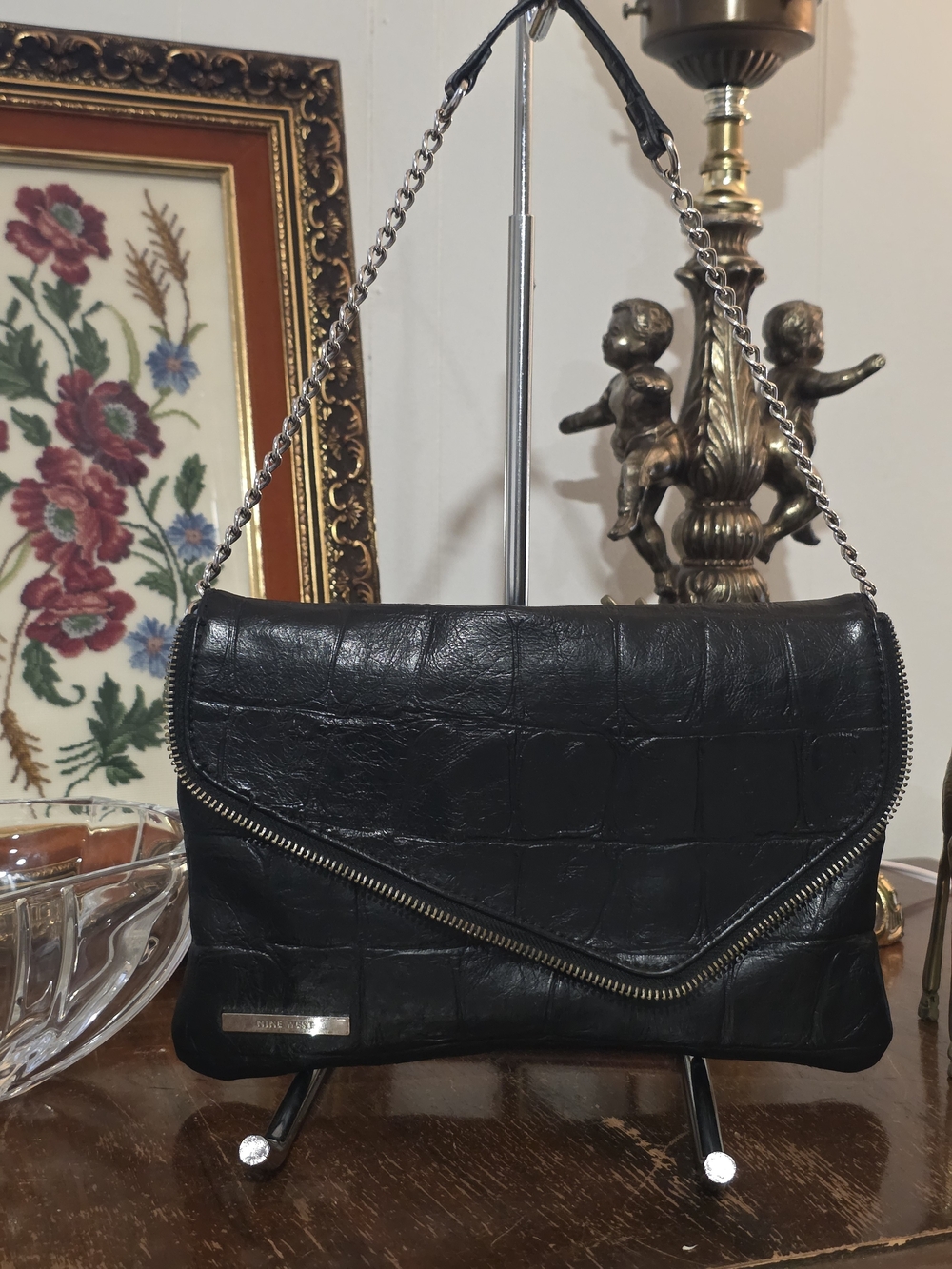 Nine West Black Croc-Embossed Faux Leather Chain Shoulder Bag